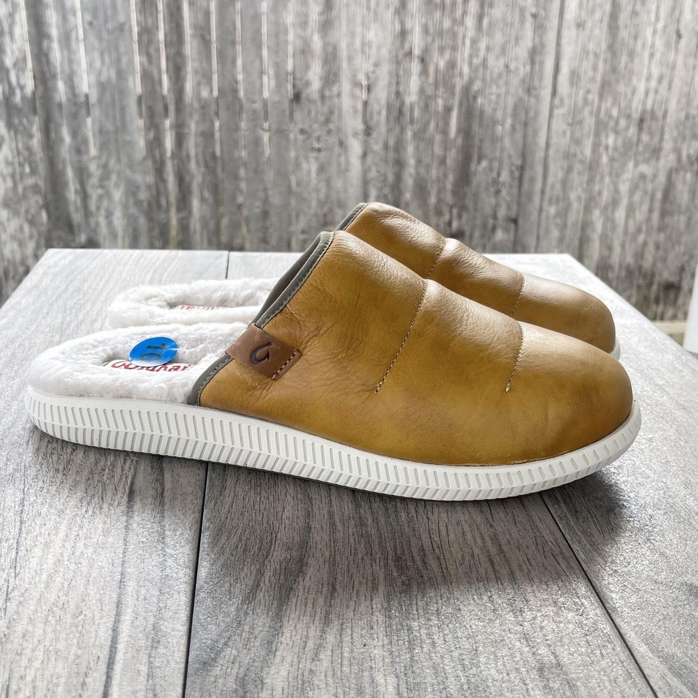 Olukai Mua 'ILI Slippers Men 10 Tan‎ Leather Shearling Lined Cozy Mule Shoes NEW
